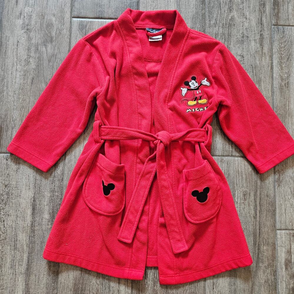 Walt Disney Mickey Mouse Fleece Robe Kids 4/5 Red Belted Cozy Lounge Holiday